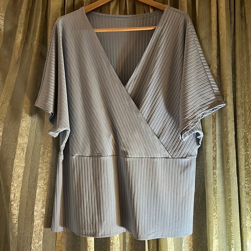 SOLD Shein Baby Blue Virtual Striped Faux Wrap Blouse